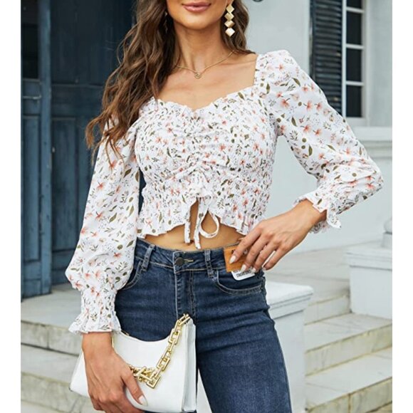 White Floral Print Ruched Long Sleeve Ruffle Frill Smocked Babydoll Crop Top - Picture 6 of 6